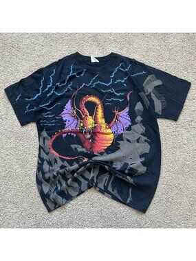 Vintage 90s Alice in Wonderland Jabberwocky AOP T-Shirt Single Stitch All Over